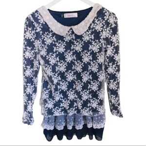 iSLiU Lace Overlay Tunic/Blouse/Top With Lace Peter Pan Collar Navy Blue Small